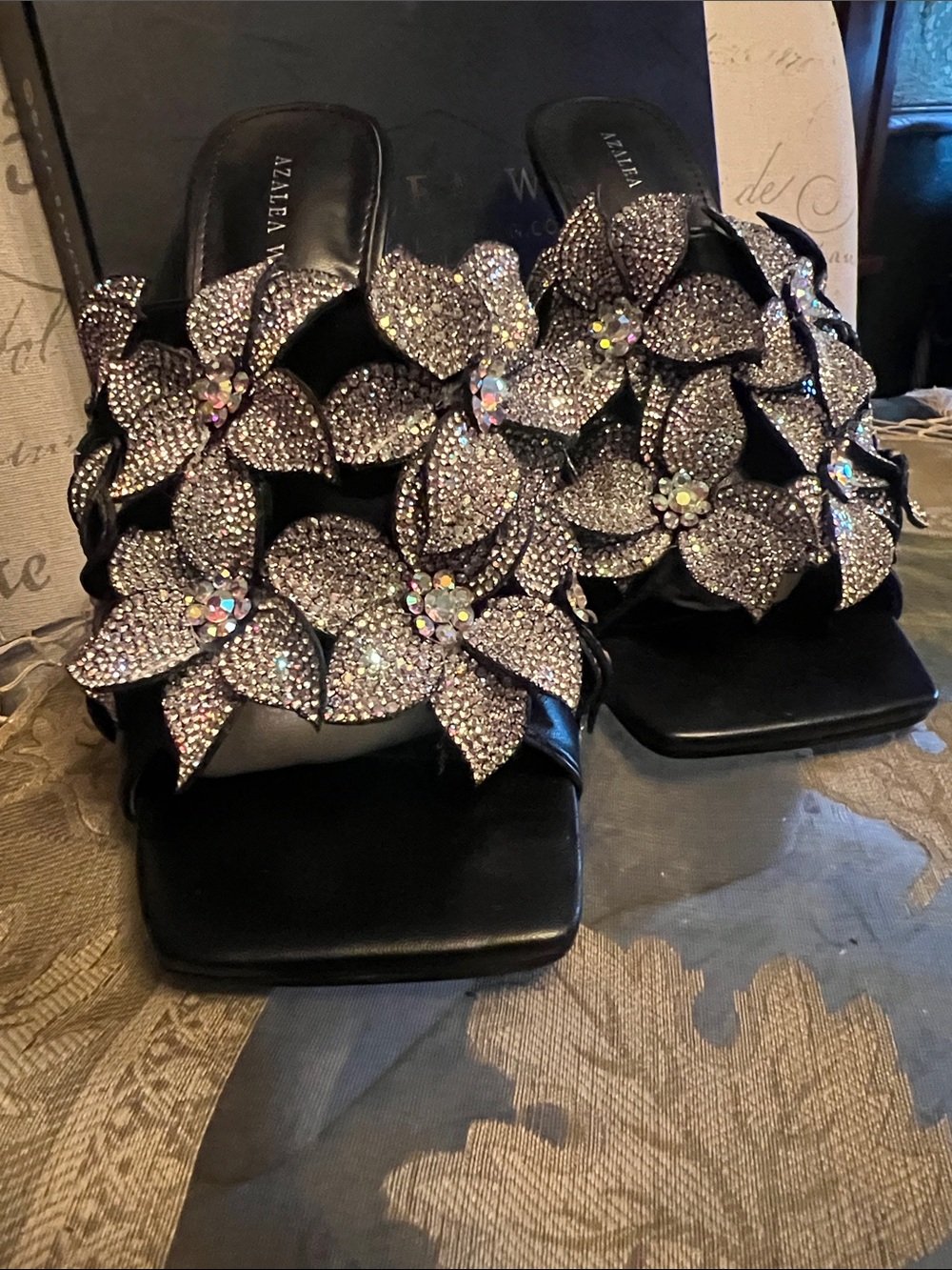 Azalea Wang Black Floral Crystal Mules